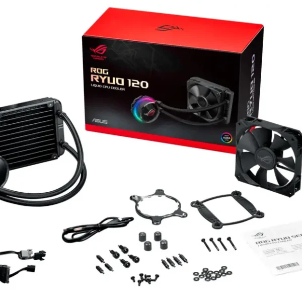 ASUS ROG RYUO 120 all - in-one liquid CPU cooler with color OLED Aura Sync RGB and ROG 120mm radiator fan