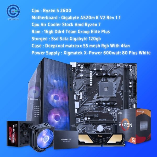 قوة الأداء الاقتصادي الكلاسيكي: تجميعة AMD Ryzen 5 2600 مع Gigabyte A520M K V2 و16GB RAM – مثالية للجيمنج والاستخدام اليومي!