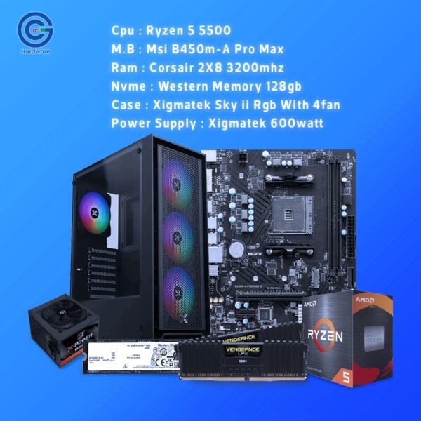 قوة الأداء الاقتصادي المتوازن: تجميعة AMD Ryzen 5 5500 مع MSI B450M-A PRO MAX و16GB RAM – مثالية للجيمنج والاستخدام اليومي!