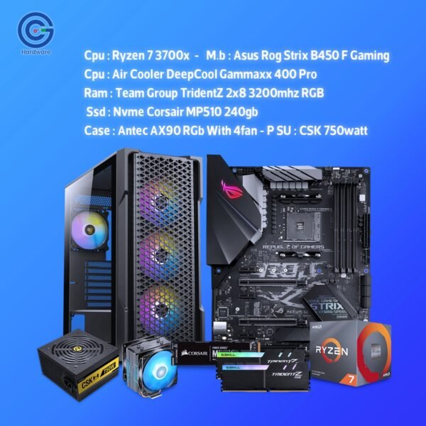 عملاق الأداء المتوازن الكلاسيكي: تجميعة AMD Ryzen 7 3700X مع ASUS ROG Strix B450-F Gaming و16GB RAM – قوة هائلة للجيمنج والرندر!