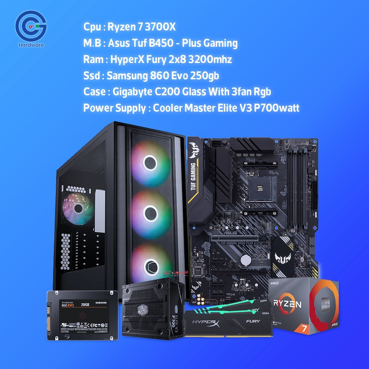 عملاق الأداء المتوازن الكلاسيكي: تجميعة AMD Ryzen 7 3700X مع ASUS TUF B450-Plus Gaming و16GB RAM – قوة هائلة للجيمنج والرندر!