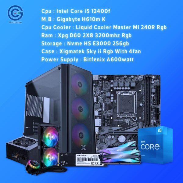 قوة الأداء المتوازن مع تبريد سائل: تجميعة Intel Core i5-12400F مع Gigabyte H610M K و16GB RAM – مثالية للجيمنج والاستخدام اليومي!