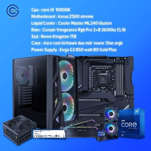 وحش الأداء الكلاسيكي: تجميعة Intel Core i9-10900K مع Aorus Z590 Xtreme و16GB RAM – قوة مثبتة للجيمنج والرندر!