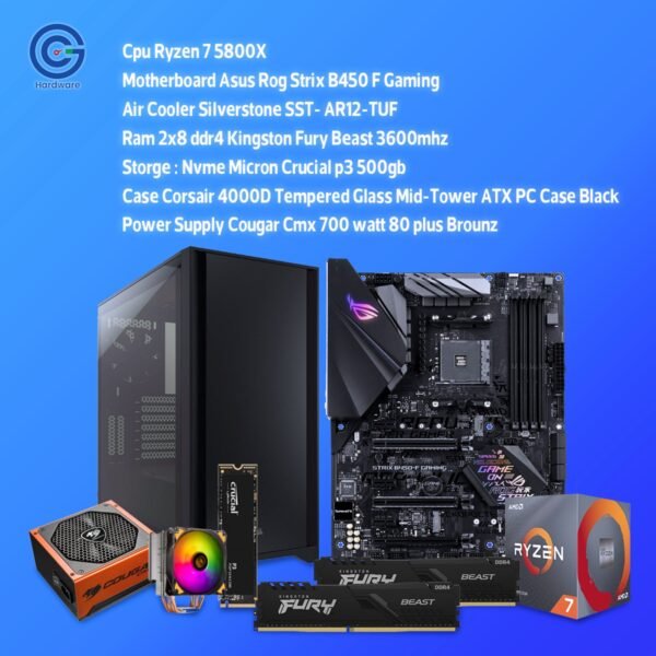 عملاق الأداء المتوازن: تجميعة AMD Ryzen 7 5800X مع ASUS ROG Strix B450-F Gaming و16GB RAM – قوة هائلة للجيمنج والرندر!