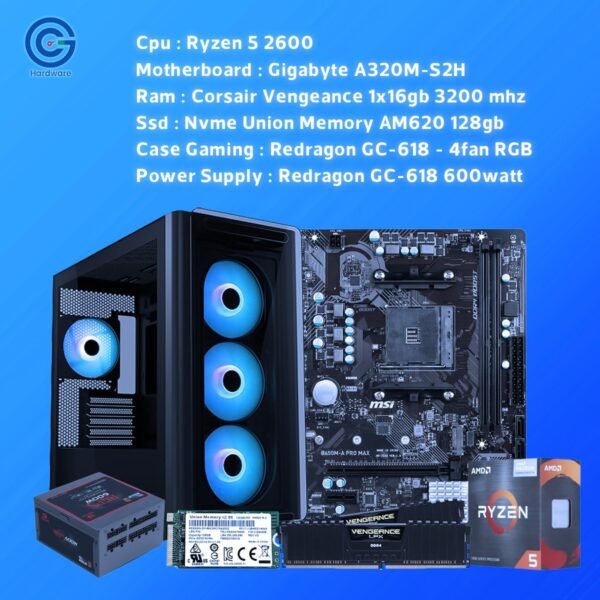 تجميعة اقتصادية مناسبة للالعاب المتوسطة و برامج الجرافيكو الذكاء الاصطناعي AMD Ryzen 5 2600 - Gigabyte A320M-S2H