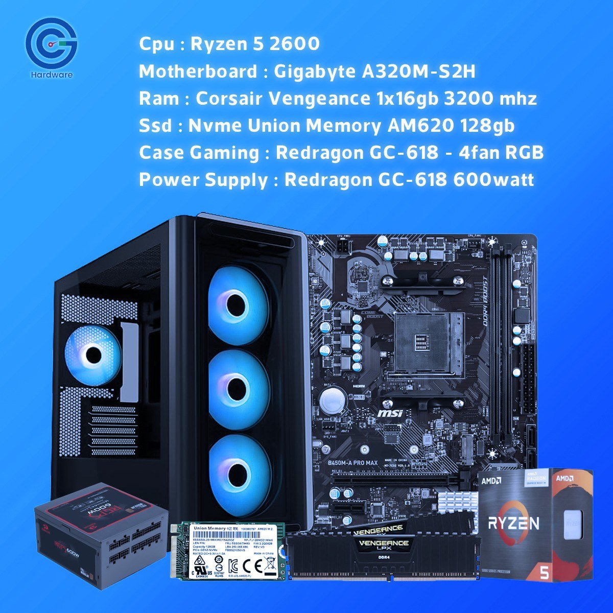 تجميعة اقتصادية مناسبة للالعاب المتوسطة و برامج الجرافيكو الذكاء الاصطناعي AMD Ryzen 5 2600 – Gigabyte A320M-S2H