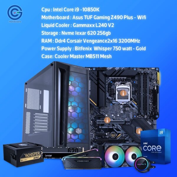 وحش الأداء الكلاسيكي: تجميعة Intel Core i9-10850K مع ASUS TUF Z490 Wi- Fi و32 GB RAM – قوة overclocking رهيبة للجيمنج 1440p-4K والرندر الثقيل!
