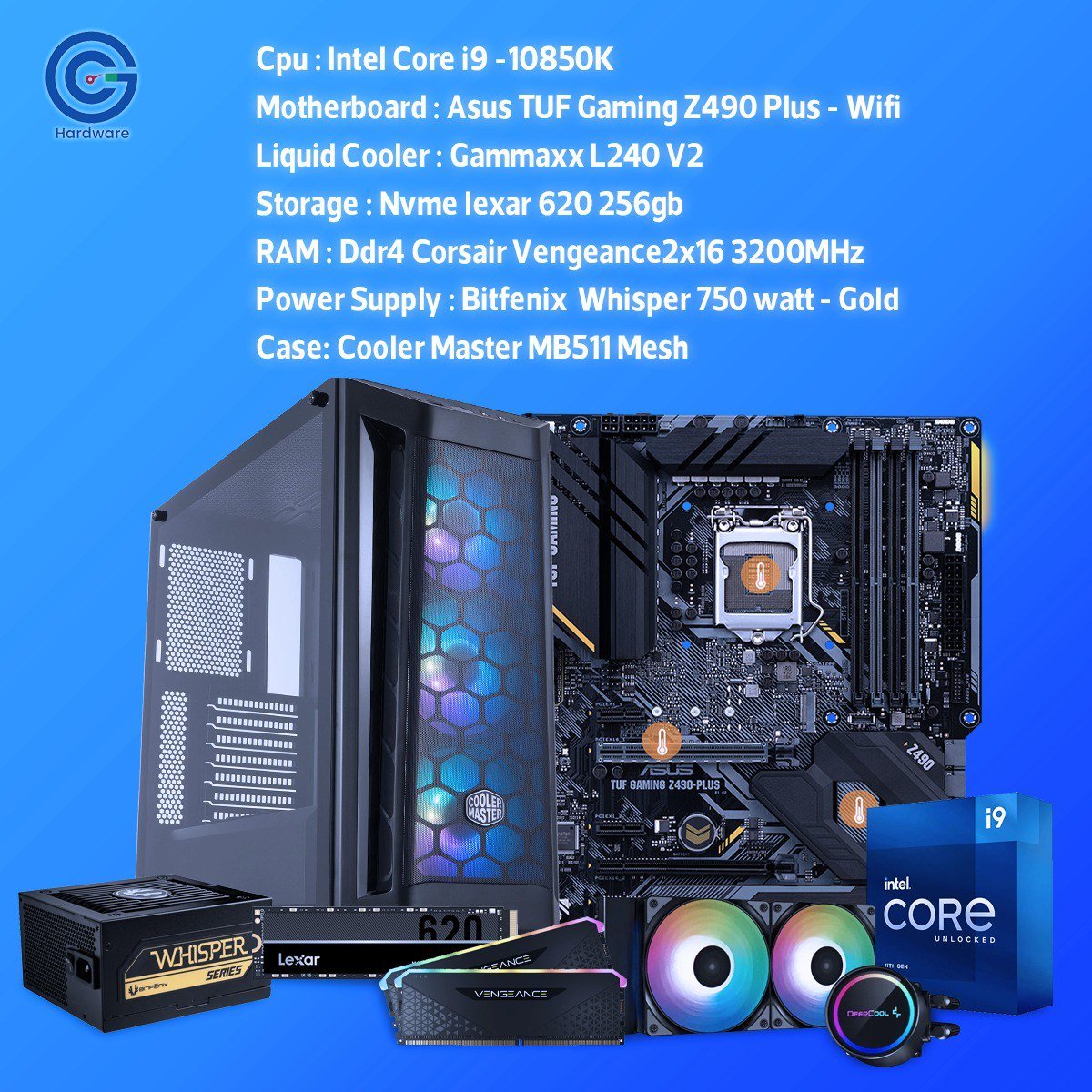 وحش الأداء الكلاسيكي: تجميعة Intel Core i9-10850K مع ASUS TUF Z490 Wi- Fi و32 GB RAM – قوة overclocking رهيبة للجيمنج 1440p-4K والرندر الثقيل!